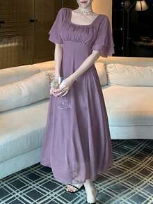Women's Solid Color Pleated Square Collar Ruffle Sleeve Elegant Party Dress Sundress - Purple - View 2