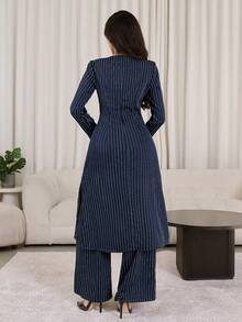 Veilorie 女士通勤时尚条纹收腰长款上衣和长裤阿拉伯风格套装 - 彩色 - 查看 5