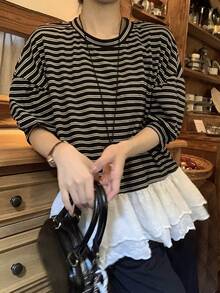 DAZY Women's Round Neck Striped Casual Summer Korean Style Contrast Color Ruffle Trim T-Shirt - Black - View 5