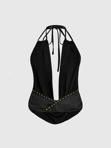 ROMWE Y2K Sexy Rivet Halter Backless Draped Backless Fashion Camisole - Black - View 2