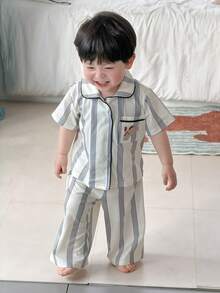 DAZY 2件套幼儿男童POLO领条纹卡通刺绣韩版舒适衬衫和裤子睡衣套装 - 米色 - 查看 1