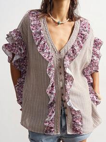 Bohemela Áo kiểu dáng rộng rãi, cổ chữ V, phối sọc, dệt kim, kiểu dáng thường ngày dành cho nữ. - Cà phê nâu - Xem 4