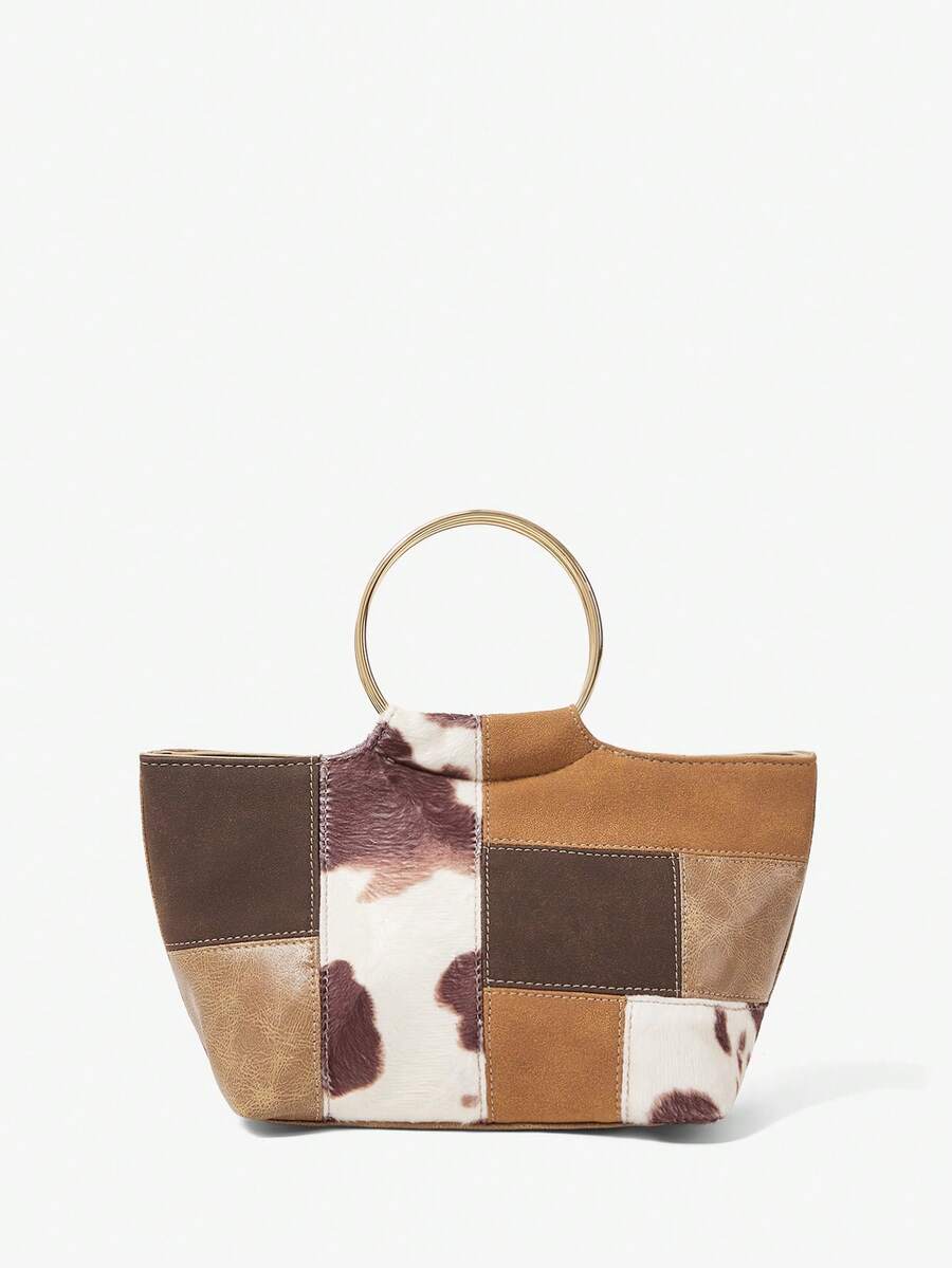 Maija 女士手提包，复古风，经典款，五金手柄，PU拼接，时尚优雅，简约百搭，个性十足，经典百搭，适合通勤、办公、约会、日常、购物、下午茶等场合。 - 彩色 - 查看 1