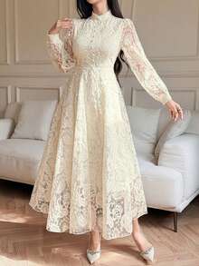DAZY Đầm ren cổ đứng tay phồng đính cườm thanh lịch dành cho nữ, thích hợp làm đầm dự tiệc cưới mùa xuân/hè. - Màu be - Xem 5