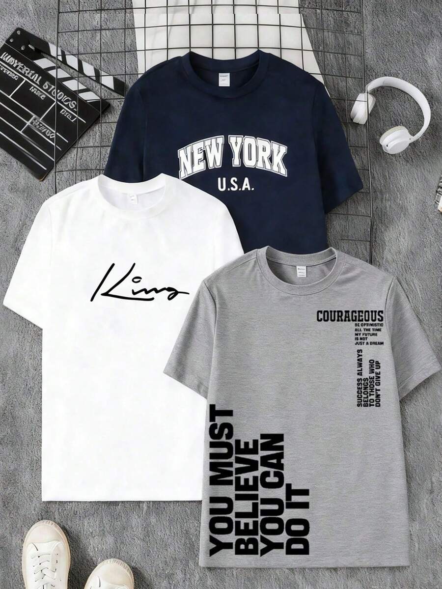 Teen Boy Casual Letter Print Short Sleeve T-Shirt, Summer - Multicolor - View 1