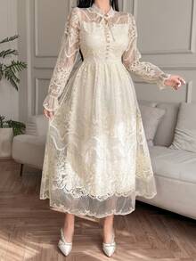 DAZY Abito lungo elegante da donna con lacci, abito da cerimonia primaverile/estivo per matrimoni - Albicocca - Visualizzare 4