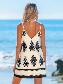 Sylviya Spring Retro Printed Blue Slip Dress For Women, Mini,Bohemia,Summer Dresses For Women, Christmas,Vacation - Apricot - View 2