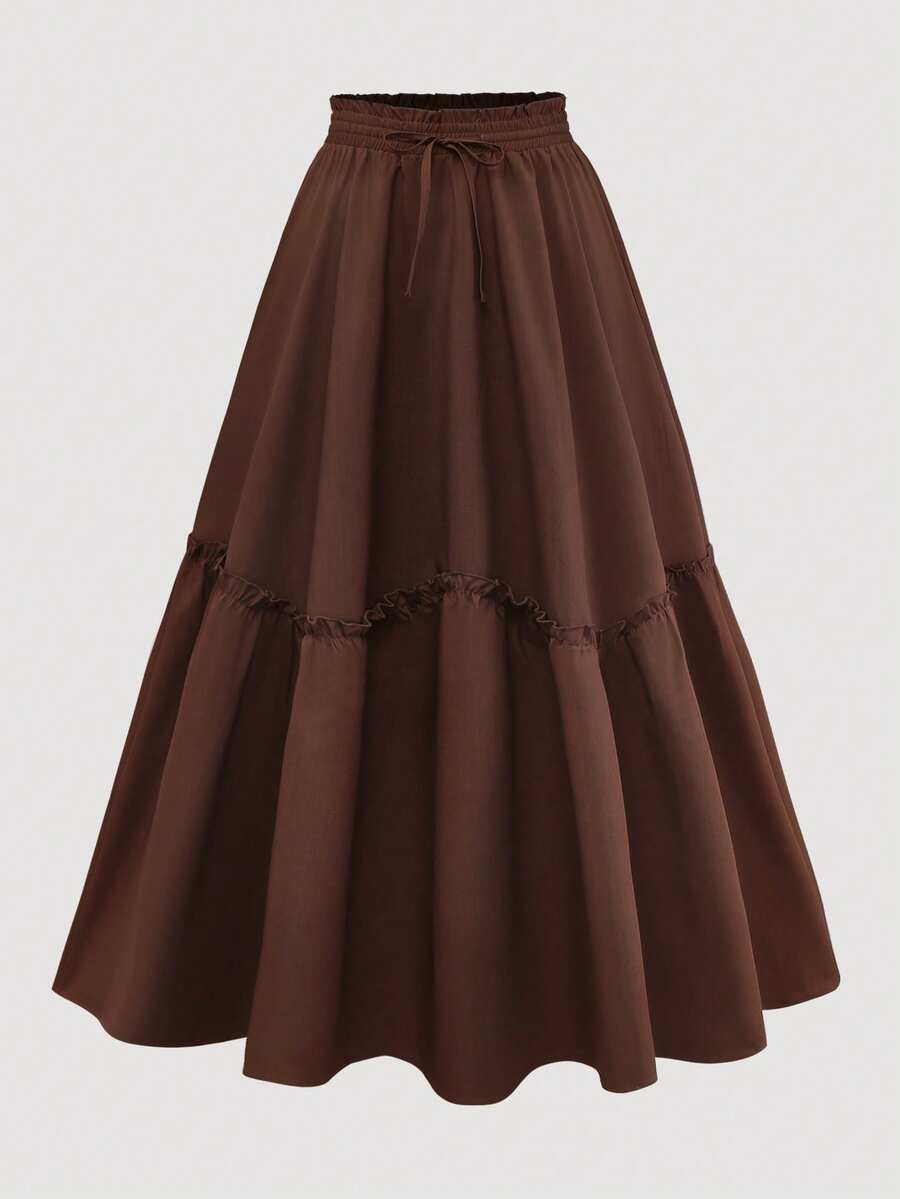 Lacomfia 大码女式休闲针织扭腰半身裙，秋冬季百搭单品 - 咖啡棕 - 查看 1