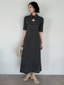 FRIFUL Women's Polo Collar Bodycon Tie-Dye Textured Fabric Dress, Summer - Grey - View 6