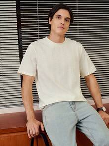 RONVEXI 男士纯色纹理针织圆领短袖T恤，适合度假穿着，百搭奶油色男士针织T恤，男士上衣，奶油色印花T恤，男士T恤，男士服装，男士夏季上衣 - 杏色 - 查看 8