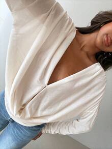 Aloruh Women's Casual Vacation Daily Solid Apricot Ruched Long Sleeve Loose Blouse - Apricot - View 7