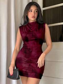 Firerie Women's Elegant Bodycon Sleeveless Mini Dress, Women's Summer Clothing, Tie-Dye Print, Angola Red, Ruched Waist Maroon Mini Dress Elegant Women Dress Ruched Bodycon Dress - Multicolor - View 4