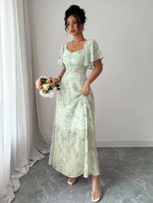 Modelyn Women's Chiffon Butterfly Print Bat Wing Pleated Hem Sweet French Style Mini Dress, Summer - Green - View 8