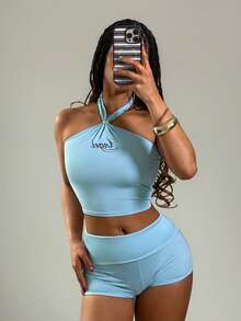 EgrlEra Sexy Casual Halter Crop Top And Ruffle Hem Mini Shorts 2 Pieces Set - Blue - View 5