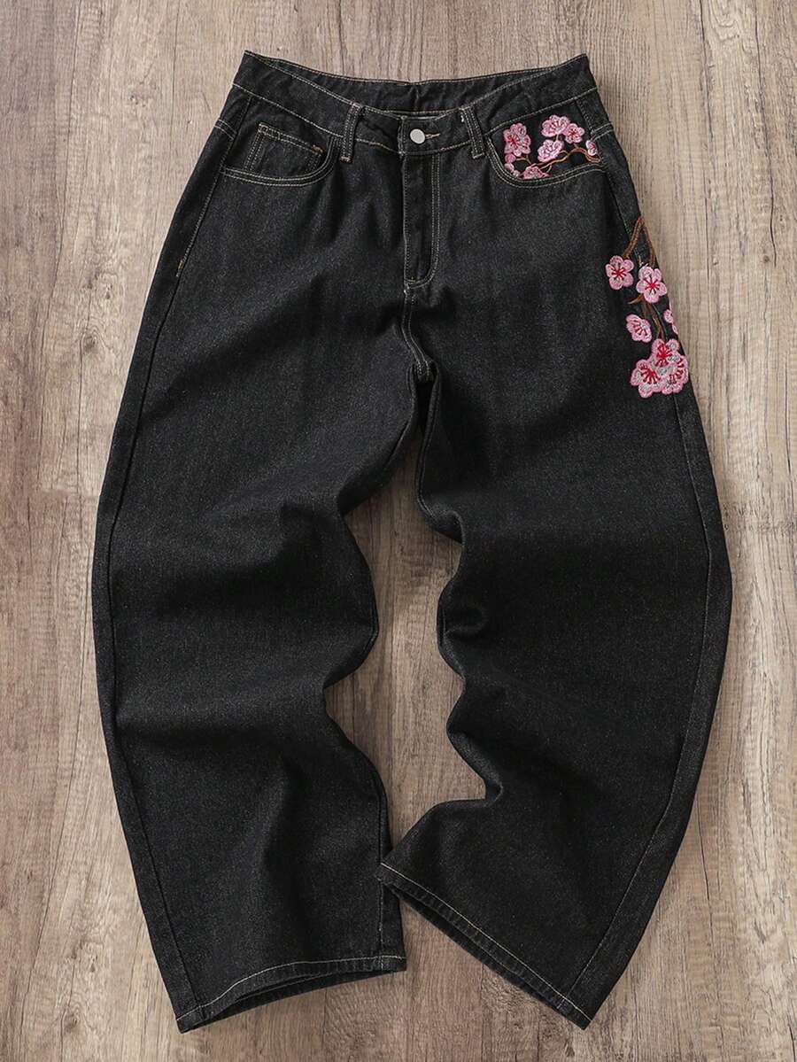 Manfinity Joysei Men's Street Fashion Casual Plaid Embroidered Floral Design Straight Leg Wide Leg Jeans Baggy Jeans With Design - Black - View 1