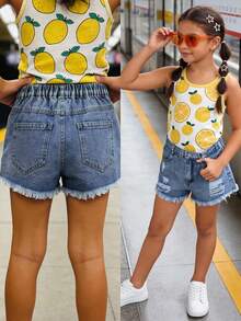 SHEIN Jeans stile Y2K per ragazze pre-adolescenti, lavaggio leggero vintage, strappati, sfilacciati, vestibilità morbida e comoda, versatili, denim per ragazze - Blu lavato medio - Visualizzare 8