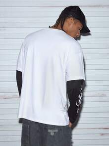 Modcrash 男士长袖圆领T恤，透气百搭，宽松休闲打底衫，韩式简约，创意经典图案，圆领T恤，宽松版型，适合秋冬季春夏复古美式休闲上衣，男女皆宜的夏季上衣，适合日常穿着，宽松版型，夏季度假装扮，复古美式，男女皆宜，宽松版型夏季套装——适合日常穿着和夏季度假装扮。 - 白色 - 查看 2