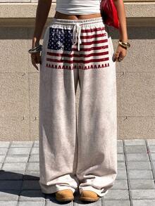 Muchica 女士休闲阔腿抽绳腰裤，印有美国国旗图案 - 灰色 - 查看 5