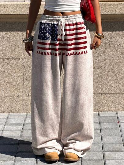 Muchica 女士休闲阔腿抽绳腰裤，印有美国国旗图案