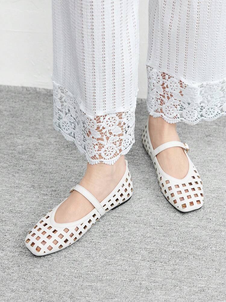 CUCCOO BIZCHIC New Spring/Autumn White Flat Square Toe Hollow-Out Comfortable Women Flat Shoes Valentine's Day