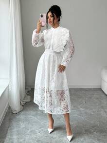 Lyxana Đầm dài tay cổ đứng màu trơn dành cho nữ, có ren ở eo. - trắng - Xem 5