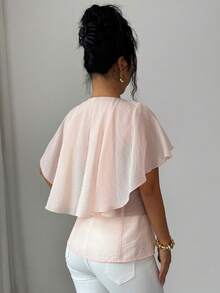 Elenzga Áo kiểu nữ màu trơn, cổ tròn, chất liệu xuyên thấu, dáng capelet lãng mạn, xếp ly, cài nút ở eo, không tay, tay ngắn, màu hồng, thanh lịch, mang phong cách Pháp cổ điển tối giản, phù hợp cho công sở, đi làm, kinh doanh, thường ngày, đi biển, hẹn hò, mùa xuân/hè. - Hồng - Xem 2