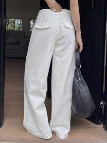 Livesso 女士宽松商务休闲直筒牛仔裤，时尚办公穿着设计，带保暖内衬，春夏款 - 白色 - 查看 6