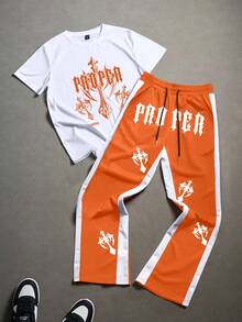 PAVTROS Men's Letter & Cross Print Short Sleeve T-Shirt And Drawstring Waist Karaoke Set - Multicolor - View 1