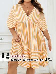 SHEIN CURVE+ 大码女式条纹V领蝙蝠袖短袖荷叶边下摆休闲连衣裙，适合秋季穿着，冬季女装，CURVE PLUS - 橘色 - 查看 1