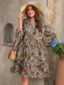 EMERY ROSE Plus Size Floral Print Notched Neck Flare Sleeve Casual Dress,Multicolor,Autumn,Boho,Vacation,Holiday Country Style Women Summer Spring Break Outfits - Multicolor - View 8