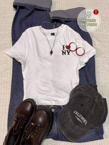 Attitoon Casual Minimalist Faux Rhinestone "I LOVE NY" Letter Graphic Fitted Women's Short Sleeve T-Shirt, Suitable For Summer, Vintage Retro Style, Casual Vacation Style, Sexy Style, Cute, Y2K Coconut Girl, Boho, Spring Break, Brunch-Ready, Baby Blue, Girls Trip, Neon Beach Vibes, Bohemian, Hippie Style, Music Festival, Suitable For Summer Carnival - White - View 2