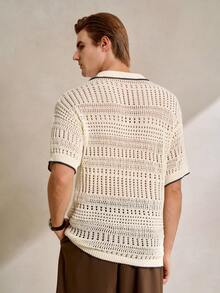 Manfinity CityGents Herren Neues Polokragen Kurzarm Perforiertes Kontrast Farbiges Atmungsaktives Pullover Hemd, Frühling/Sommer Herren Gehäkeltes Hemd Creme Top Herren Herren 70er Jahre Kleidung Herren Geknöpftes Gestricktes Polo Offenes Gestricktes Hemd Herren, Sommer Herren Gestricktes Polo - Beige - Übersicht 3