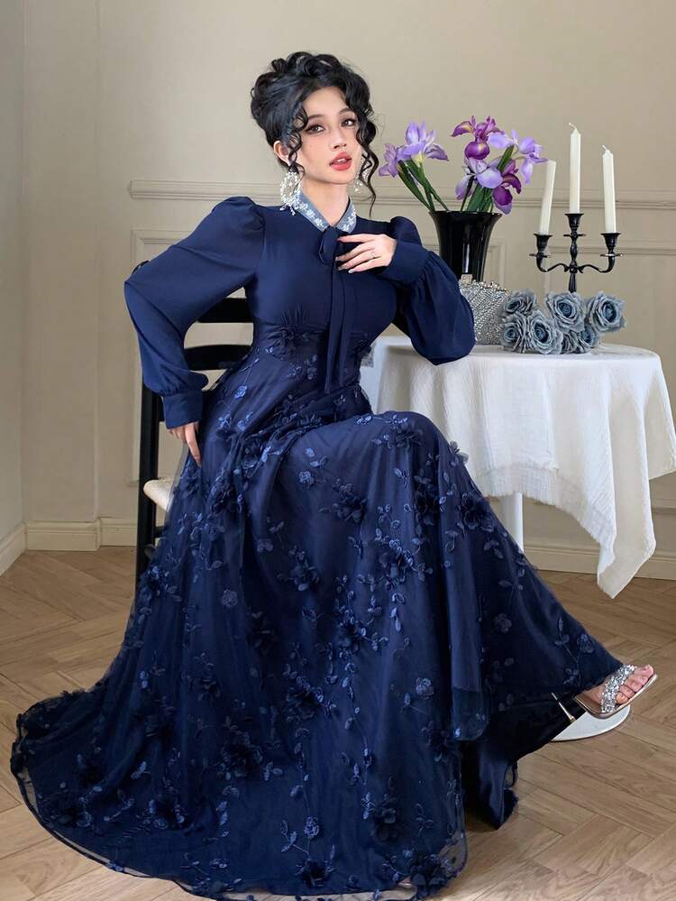 DAZY Elegant Navy Blue Floral Dress For Spring And Summer,Shiny