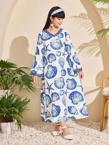 SHEIN Tween Girls' Casual Middle Eastern Arabic Style Seashell Print Robe, Vacation Vibe - Blue - View 5