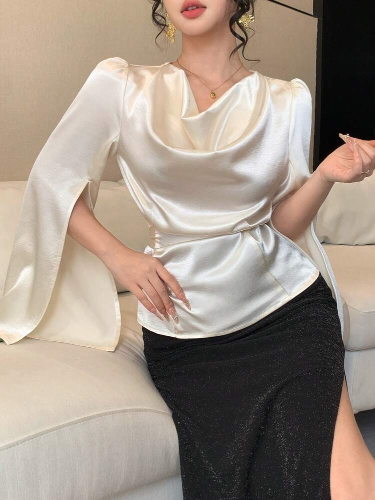 Women's Floral Print Satin Shiny Blouse, Elegant Slim Fit Flare Sleeve High Slit Casual Vacation Commute Shirt, Spring/Summer Long Sleeve