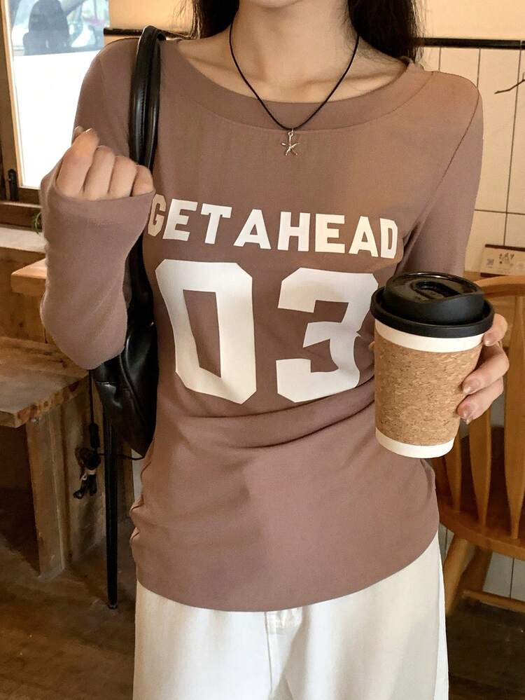 Women's Casual Crew Neck Long Sleeve English Letter Print T-Shirt, Korean Style