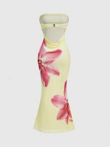 ROMWE Avant Vestido tubo ajustado con estampado floral, estilo de vacaciones - Amarillo - Ver 2