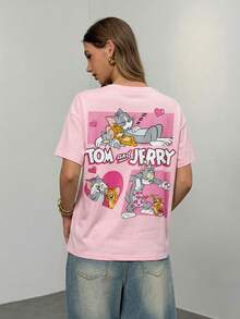 TOM & JERRY X SHEIN Women's Casual Everyday Commute Valentine's Day Cute Cartoon Heart & Letter Graphic Short Sleeve Pink T-Shirt - Pink - View 3