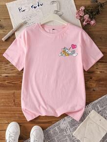 TOM & JERRY X SHEIN Women's Casual Everyday Commute Valentine's Day Cute Cartoon Heart & Letter Graphic Short Sleeve Pink T-Shirt - Pink - View 7