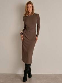 COSMINA Women's Elegant Long Sleeve Ruched Asymmetric Dress, Versatile For Commute, Office, Casual Wear, Autumn/Winter - Coffee - View 5