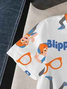 Blippi X SHEIN 男童休闲卡通图案圆领短袖T恤，夏季 - 白色 - 查看 4
