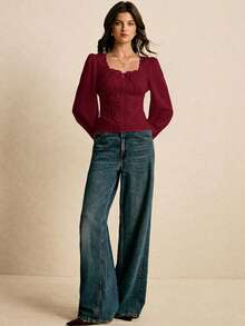 Poéselle 女士优雅方领扭结灯笼袖修身衬衫，适合工作和通勤，春秋季 - 酒紅色 - 查看 7