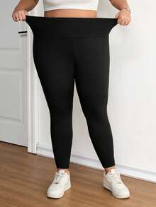 SHEIN CURVE+ Quần legging dài nữ cỡ lớn, thích hợp mặc đi nghỉ mát, thường ngày vào mùa thu và đông, chất liệu mềm mại, giữ ấm và chống lạnh. - màu đen - Xem 2