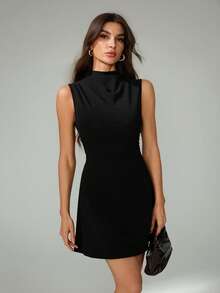 SHEIN Tall Women's Elegant Minimalist Delicate Romantic Sweet Daily Commute Wedding Party Music Festival Vacation Pleated A-Line Mini Dress With Camisole, Black Sleeveless Dress Women Mini Dresses Mini Black Dress Black Dress Black Sleeveless Dress - Black - View 5