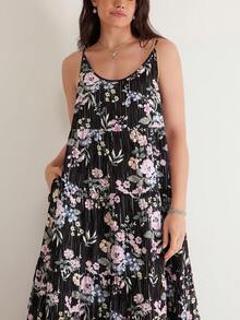 SHEIN VCAY 大码女式碎花无袖休闲度假连衣裙 - 黑色 - 查看 4