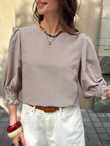 Solivie Women's Casual Loose Fit Round Neck Mid-Sleeve Shirt  Elegant  Striped Blouse Women Blouses Elegant  Summer Holiday Outfits - Khaki - View 3