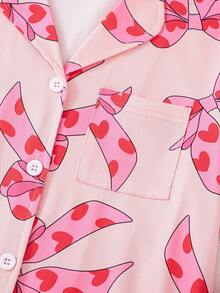 2pcs/Set Girls' Cute Pink Heart & Bow Print Short Sleeve Top And Wide Leg Pants Pajama Set,Collared Button-Up Shirt,Summer Sleep Casual Homewear - Multicolor - View 10