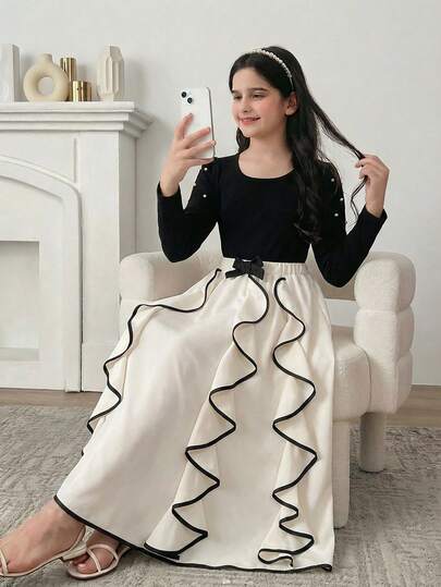 2pcs Traditional Arabic Clothing Set For Girls, Includes Knit Crew Neck Long Sleeve Top And Ruffle Hem Butterfly Skirt, Suitable For Spring, Summer, Autumn, Winter, Casual, Outdoor, Holiday, Party, Formal Occasions