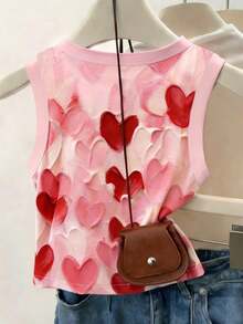 SHEIN Áo tank top nữ mùa hè mới, thiết kế họa tiết trái tim và lời chúc phúc đáng yêu, phù hợp cho hẹn hò, mặc hàng ngày, mua sắm, hoạt động ngoài trời, kiểu dáng đơn giản, thoải mái, thanh lịch, họa tiết in sống động. - Hồng - Xem 2