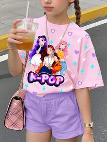 淡紫色卡通女孩LUMINA印花少女休闲简约圆领短袖基础款T恤，适合春夏日常穿着、外出、上学、度假，卡通动漫女孩图案T恤，时尚新潮。 - 彩色 - 查看 1